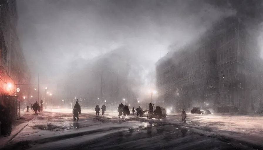 Image similar to Dieselpunk Norilsk city, snow, steam, factory plants with dark smoke in the background, epic composition, intricate, elegant, volumetric lighting, digital painting, highly detailed, artstation, sharp focus, illustration, concept art, ruan jia, steve mccurry