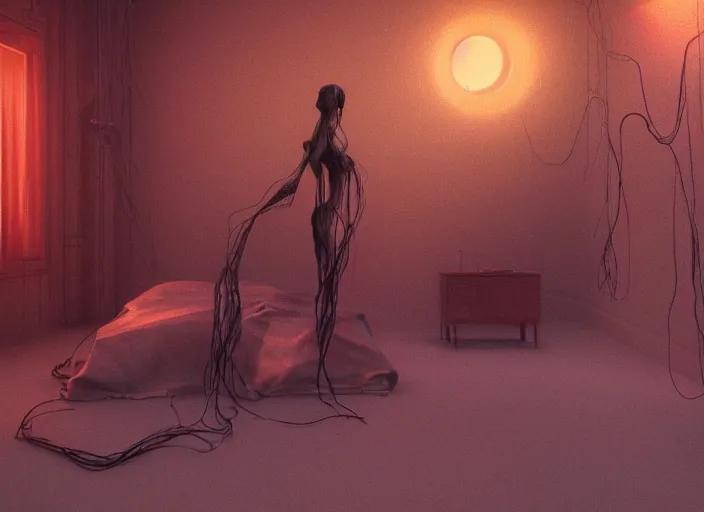 Image similar to rgb, woman, bedroom full of fire, rage, cinematic, movie scene, inspired by zdzislaw beksinski, clothes made out of veins,, cables everywhere, bedroom, ultra realistic, concept art, intricate details, highly detailed, photorealistic, octane render, 8 k