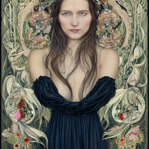 Image similar to facial portrait of a young pretty woman in flowing dress, arrogant, mysterious, long fine flowing hair, delicate, looking at camera, slightly awkward smile, realistic face, hands behind back, intricate, stylish, elegant, grimdark fantasy, flowers, extremely detailed painting by Martine Johanna and Ernst Haeckel and Greg Rutkowski