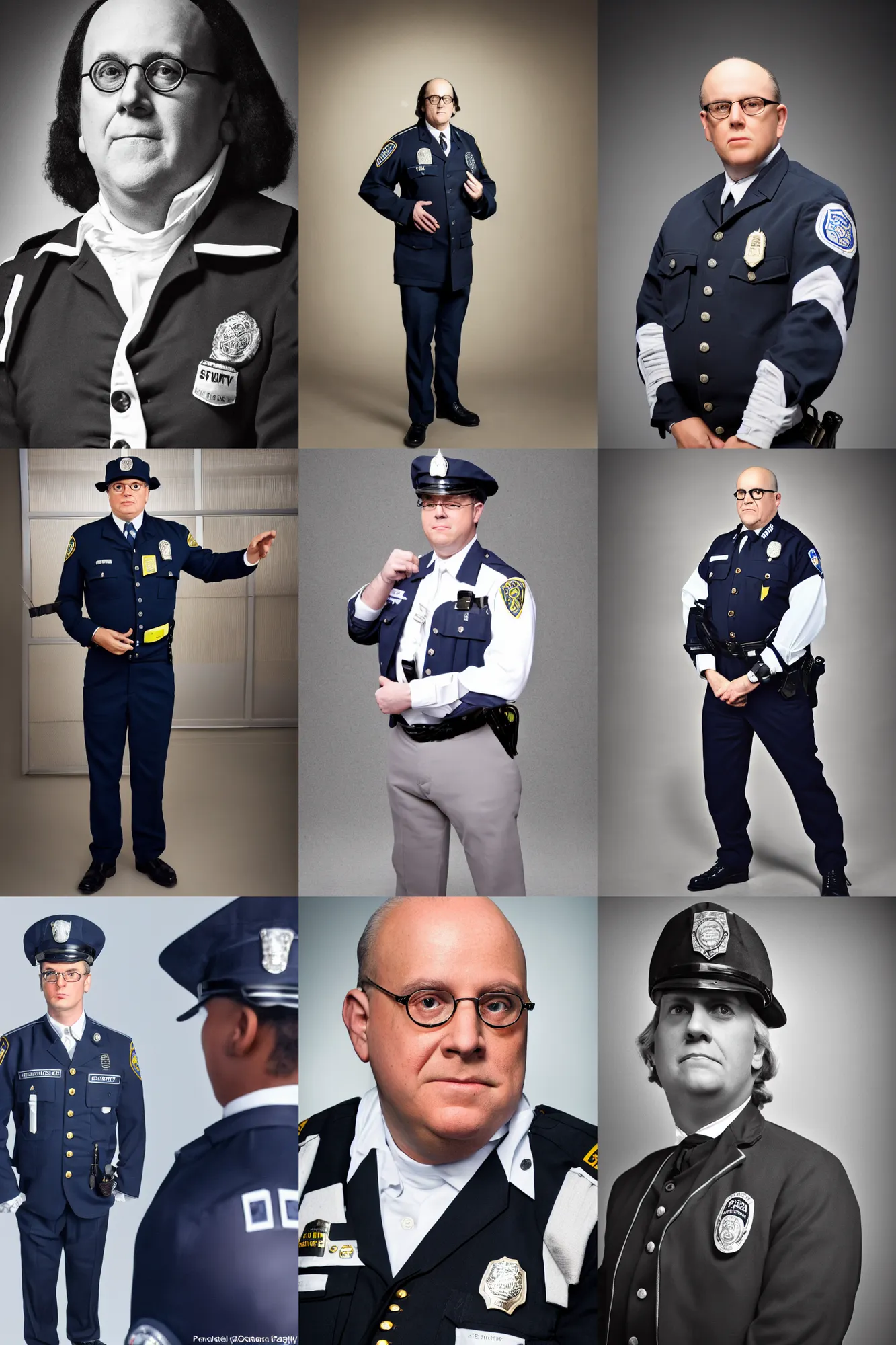 Prompt: benjamin franklin wearing a security guard uniform in police academy. dslr, 5 0 mm, f / 2. 8, studio lighting