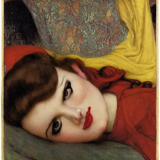 Image similar to reclining on bed, hybrid of judy garland and lady gaga, aged 2 5, brown fringe, huge downslanted eds eyes, large full lips, wide shot, yellow ochre ornate medieval dress, john william waterhouse, kilian eng, rosetti, john everett millais, william holman hunt, william morris, 4 k