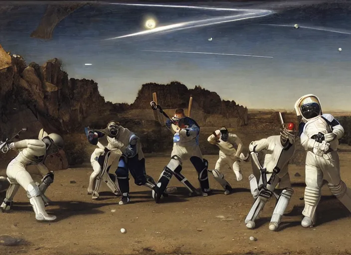 Image similar to a cricket match on the moon by edgar maxence and caravaggio and michael whelan and delacroix style, artistic, intricate painting, cinematic lighting, hyper realistic, extremely detailed, establishing shot, 8 k resolution, dramatic lighting