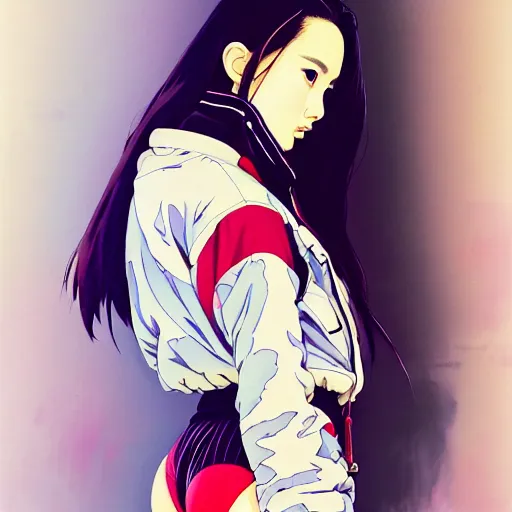 Image similar to a beautiful japanese natalie portman gravure model, wearing oversized native designer bomber jacket and leotard with overalls, bulky poofy bomber jacket with mesoamerican patterns, mesoamerican native street fashion, gapmoe yandere grimdark, trending on pixiv fanbox, painted by greg rutkowski makoto shinkai takashi takeuchi studio ghibli, akihiko yoshida