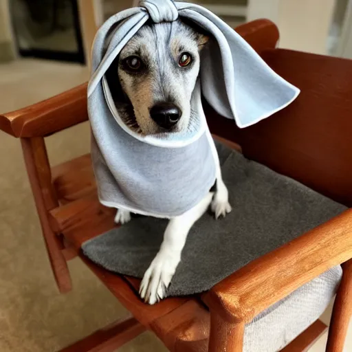 Prompt: a miniature Italian gray hound, wearing a head scarf, sitting in a rocking chair