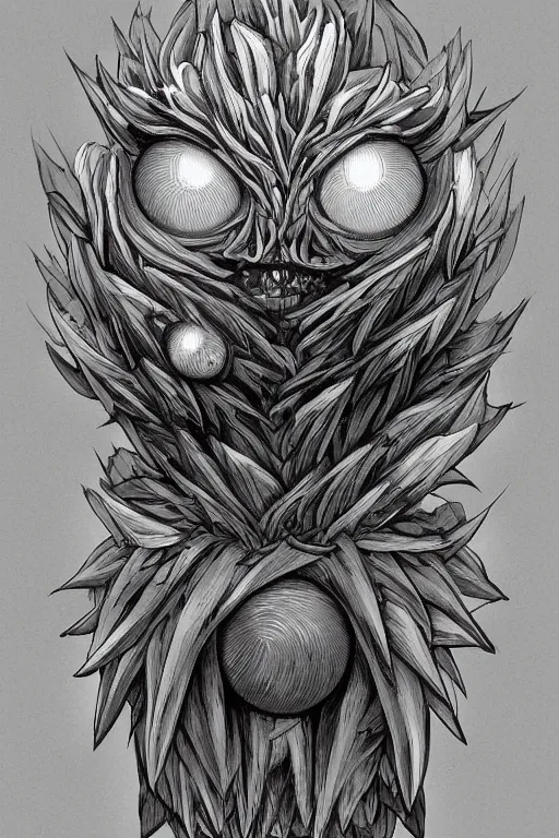 Image similar to a humanoid artichoke monster with large orb eyes, highly detailed, digital art, sharp focus, trending on art station, plant, anime art style