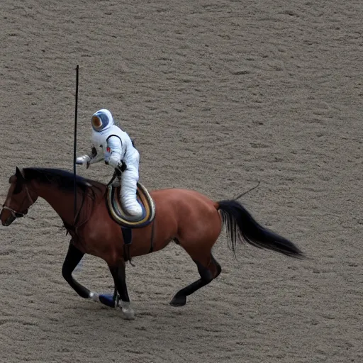 Prompt: the horse sat on top of the astronaut's back, and yells