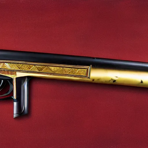 Image similar to a shotgun made from glossy red - painted wood and elements of gold metalwork, full - length photograph