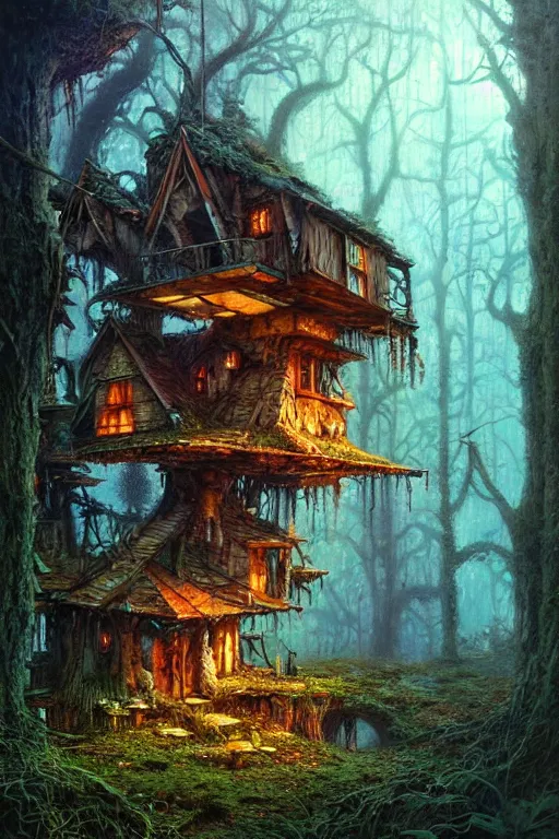 Prompt: a ramshackle multistory fairytale hut in the forest by Bruce Pennington, highly detailed, digital painting, concept art, sharp focus, artstation