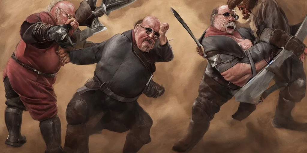 Prompt: wilford brimley fighting danny devito to the death with medieval weapons diabeetus high fidelity painting high resolution trending on artstation