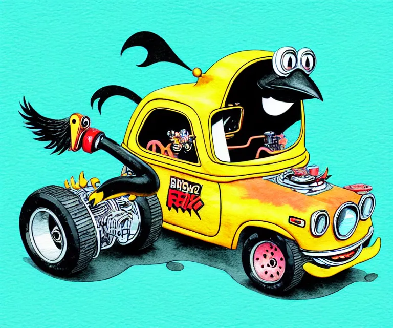 Image similar to cute and funny, black chicken wearing goggles driving a tiny hot rod with an oversized engine, ratfink style by ed roth, centered award winning watercolor pen illustration, isometric illustration by chihiro iwasaki, edited by craola, tiny details by artgerm and watercolor girl, symmetrically isometrically centered