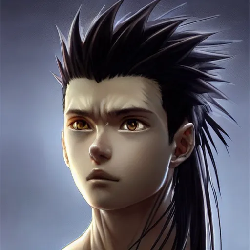 Prompt: portrait of gon!! hunter hunter!! male!! sharp jaw black irises narrow eyes black hair swept back smirk dark medium length hair, anime, fantasy, intricate, highly detailed, digital painting, artstation, concept art, matte, sharp focus, illustration, art by artgerm wlop greg rutkowski and alphonse mucha, madonna