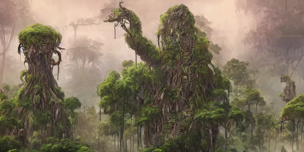 Prompt: giant tree creatures building a city in the middle of the jungle ,style by dylan cole, digital art, matte painting, artstation, concept art