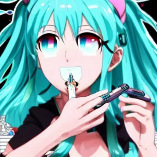 Prompt: hatsune miku getting high by smoking weed with a vape pen, bloodshot eyes, smoke everywhere