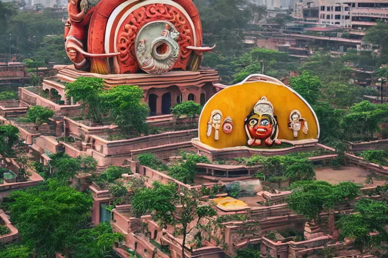 Prompt: beautiful dreamy! biomorphic new delhi, hanuman!! head building, kalighat flowers, octane sharp cinematic, stephen shore & john j. park, soft morning light, wide shot, aerial shot, uhd 8 k, shallow depth of field