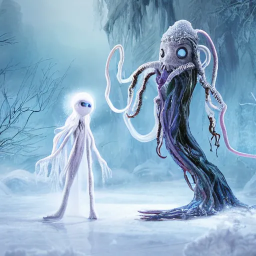 Image similar to a humanoid ethereal ghost like live action muppet wraith like figure with a squid like parasite as its head and four long tentacles for arms that flow gracefully at its sides like a cloak while it floats around a frozen rocky lake in the middle of the frozen woods searching for lost souls and that hides amongst the shadows in the trees, this character can control the snow and ice and has mastery of the shadows, it is known as the bringer of nightmares and the conqueror of the endless night terrors and staring too long can cause paralysis, it is a real muppet by sesame street surrounded by lost muppet souls, photo realistic, real, realistic, felt, stopmotion, photography, sesame street