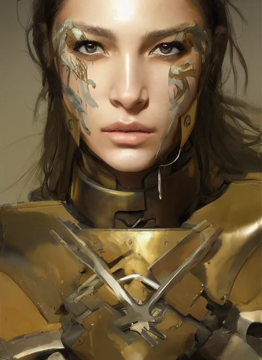 Image similar to a professional painting of a beautiful young female, clothed in military armor, olive skin, long dark hair, beautiful bone structure, symmetrical facial features, intricate, elegant, digital painting, concept art, smooth, sharp focus, illustration, from Metal Gear, by Ruan Jia and Mandy Jurgens and Artgerm and William-Adolphe Bouguerea