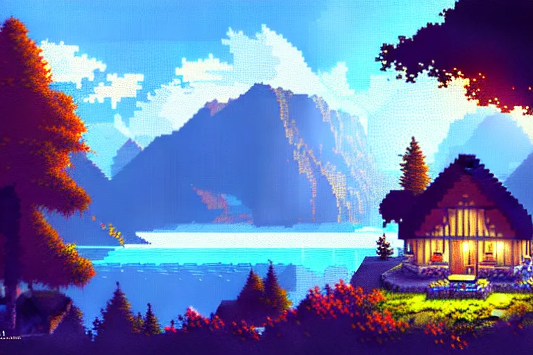 Prompt: view of a cottage above an azure lake, beautiful detailed pixelart by albertov and by wlop, intricate details, dithered gradients, beautiful, volumetric lighting, cgsociety, artstation