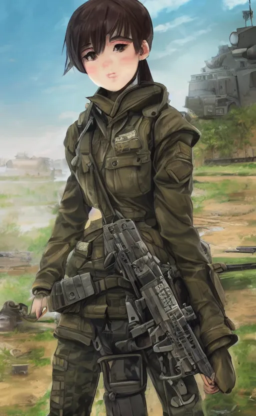 Prompt: portrait of a female soldier, highly detailed, high resolution, military camp in the background, the front of a modern trading card, illustration, character concept art, stunning, girls frontline style, bokeh soft, matte, 100mm, by shibafu, by shizuma yoshinori, studio mappa, realistic human anatomy, realistic military carrier, modern warfare, realistic weapon, digitally draw on wacom tablet, low saturation, small eyes