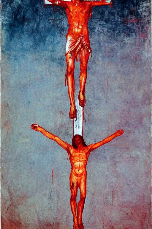 Image similar to bloody jesus christ crucified with a ufo of light above him painted by cy twombly and andy warhol