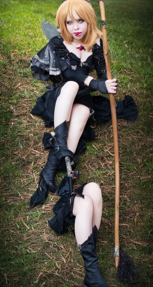 Image similar to young witch with magic wand and broom cosplay, she wears boots, full body shot, detailed face, photo taken by nikon, 4k, high quality, very detailed, intricant