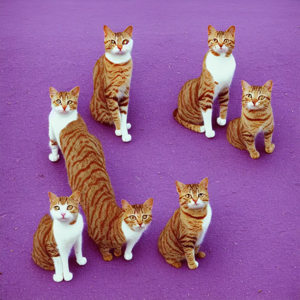 Prompt: cats on a purple beach, kodak gold 200,