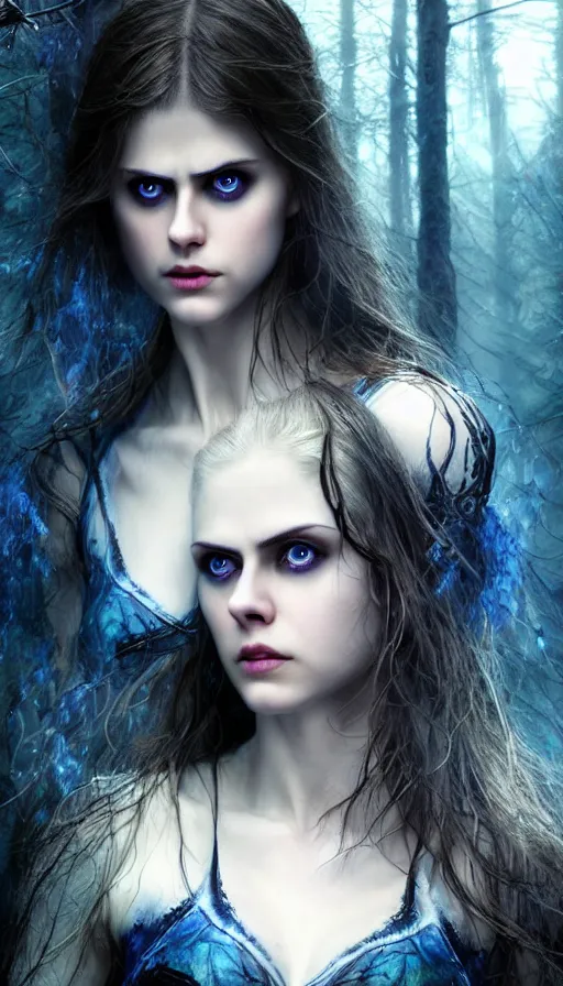 Prompt: photo of a gorgeous nordic female, covered in blue blood, in a dark forest, alexandra daddario face!, realistic, sharp focus, 8 k high definition, insanely detailed, intricate, elegant, art by stanley lau and artgerm, luis royo, greg kutkowski