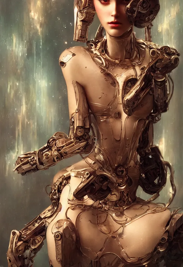 Image similar to portray of beautiful robot girl with porcelain wet glossy skin, look like a 3d model, alive statue, Ivan Bilibin, Ross Tran, Tom Bagshaw