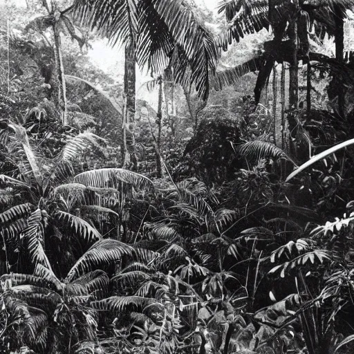 Prompt: a rizom lost film footage of a ( ( ( ( ( ( ( ( sphere ) ) ) ) ) ) ) ) in the middle of the tropical jungle / tropicalism / film still / cinematic / enhanced / 1 9 2 0 s / black and white / grain