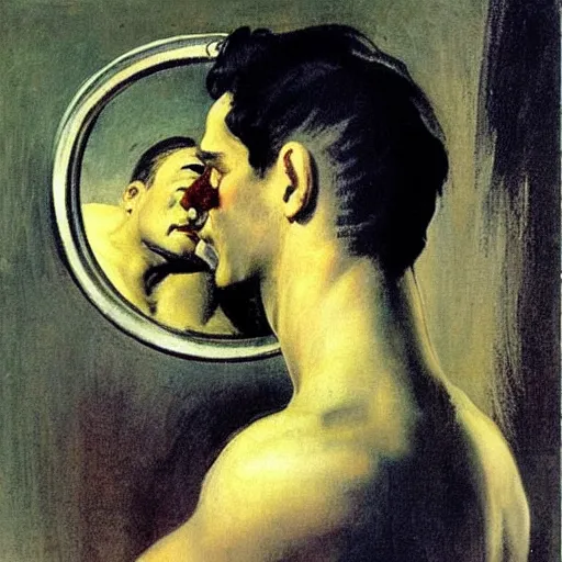 Image similar to a man looking at a mirror depressed, frank frazetta