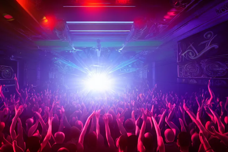 Image similar to dj on stage with raised hands, looking over crowd partying with their hands up at a club, volumetric lighting, haze, moving heads light beams, spot lights, disco ball, silhouette, digital art, trending on artstation, 4k, unreal engine, intricate, ornate