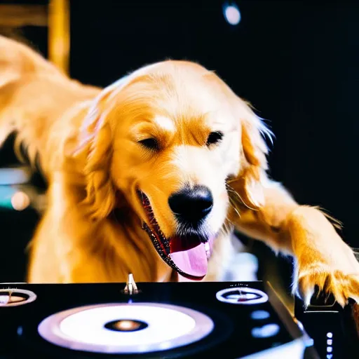 Image similar to a photograph of a DJ golden retriever dog, playing at a nightclub