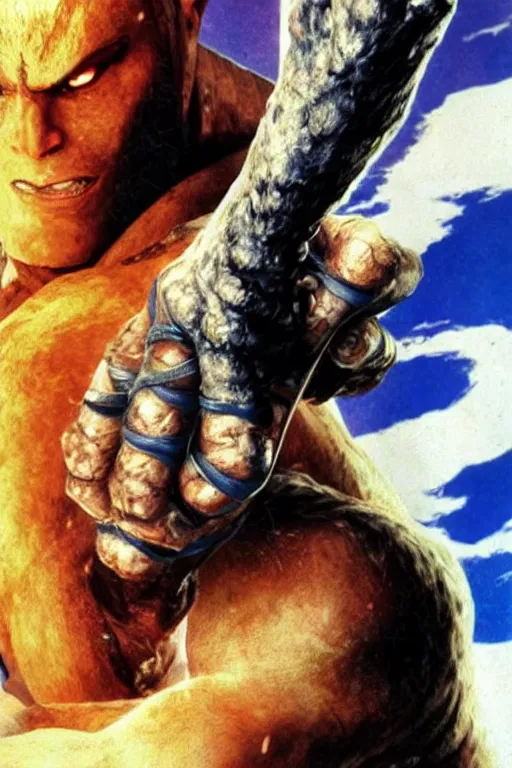 Image similar to a hand with ten fingers holding a spear of an old psx videogame, Tekken 2 character