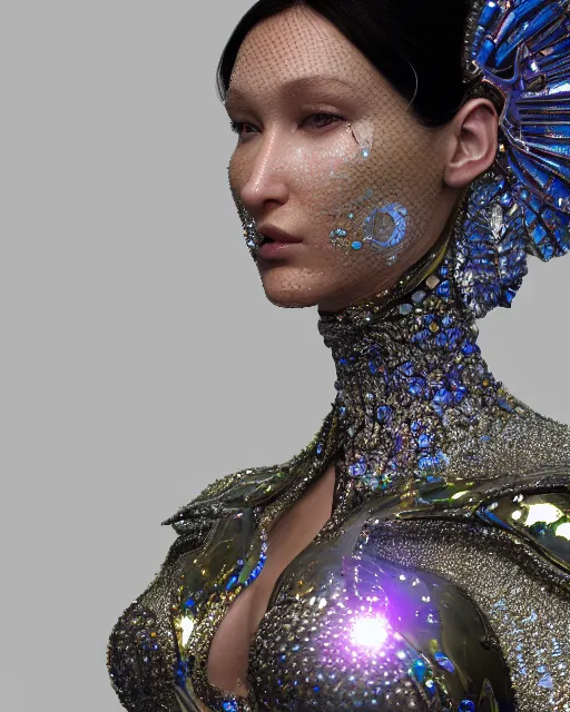 Image similar to a highly detailed metahuman 4 k close up render of a bella hadid as techno monument renaissance in iris van herpen dress schiaparelli in diamonds crystals swarovski and jewelry iridescent in style of alphonse mucha gustav klimt trending on artstation made in unreal engine 4