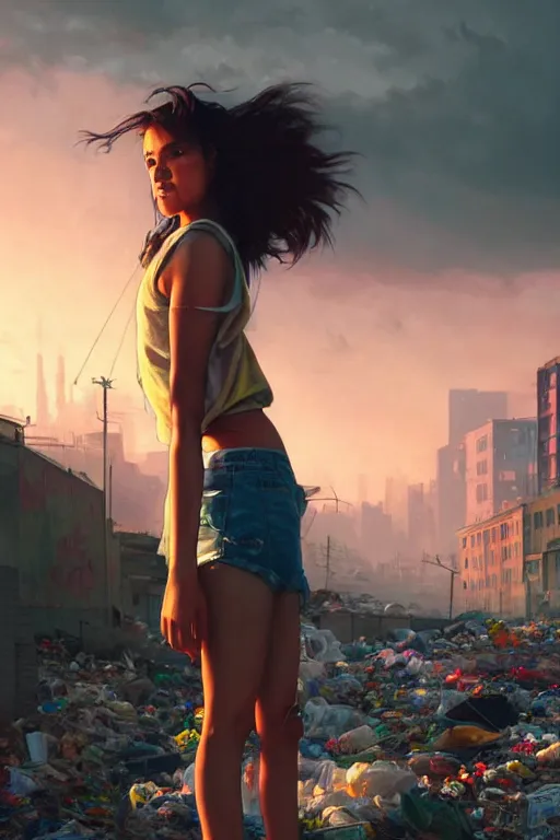 Image similar to young woman minishort with backpack looking at food at garbage dump, destroyed cars, city is pure wasteland, moody sunset background, rays of sunlights, ( ( ( rainbow ) ) ), high details, sharp, photorealism, cinematic, greg rutkowski, alphonse mucha, trending on artstation, artgerm, unreal engine, highly detailed