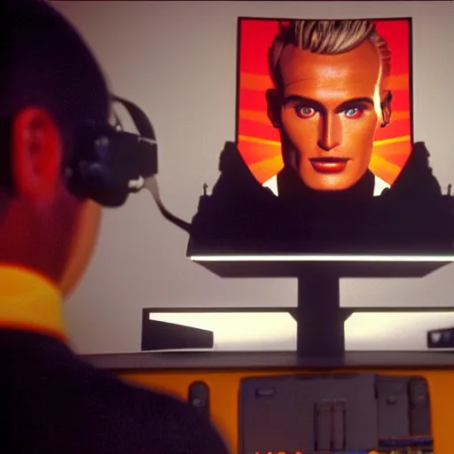 Prompt: Max Headroom ON tv in the studio, 1980's. analog glitch, intricate artwork by caravaggio. Trending on artstation, octane render, cinematic lighting from the right, hyper realism, octane render, 8k, depth of field, 3D