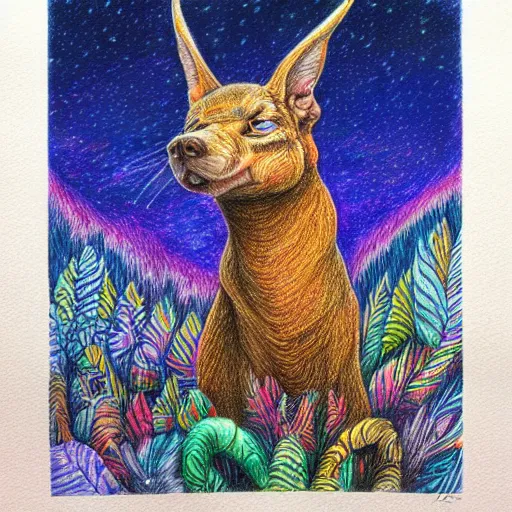 Image similar to Colored pencil art on paper, highly detailed, artstation, People, Animals, Magical Creatures, buildings, scenery, items, enchanted landscapes, PrismaColor