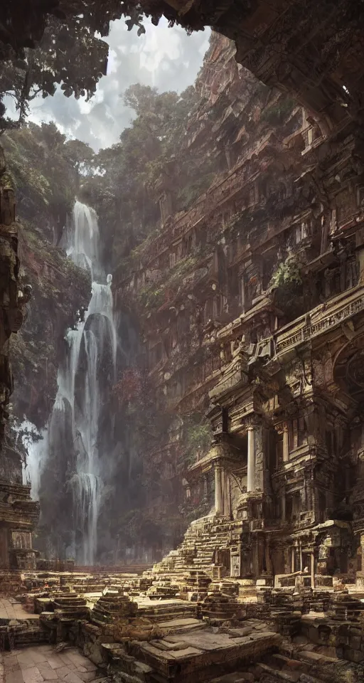 Image similar to looking up at ancient temple ruins interior, waterfall, huge statues, intricate, elegant, vivid colors, highly detailed, john park, craig mullins, sparth, ruan jia, jeffrey catherine jones