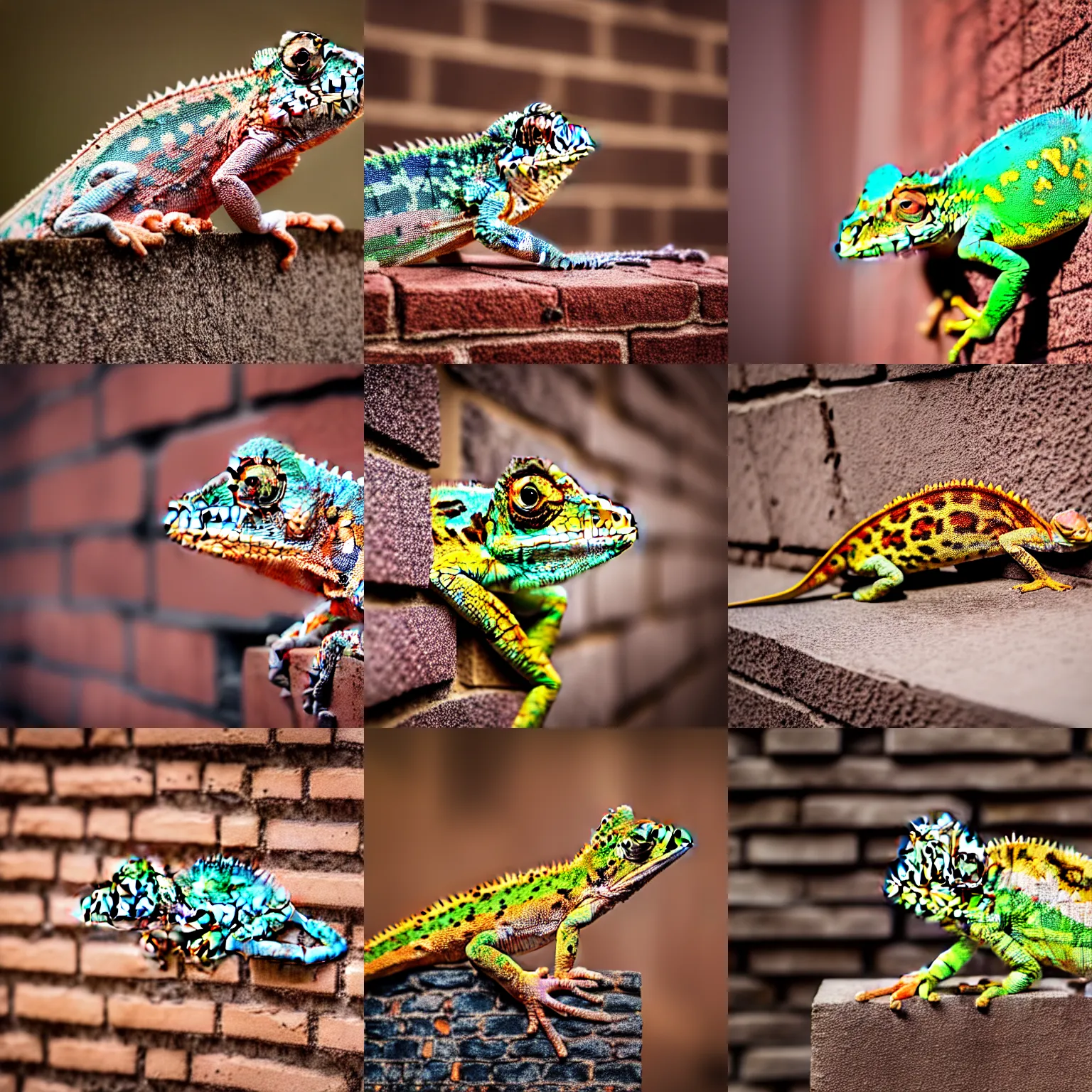 Prompt: a chameleon with leopard fur sitting on a brick wall, highly detailed, 8K, supersharp photo, depth of focus