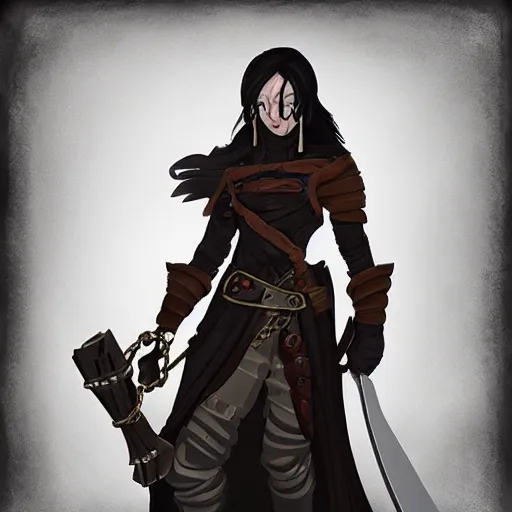 Image similar to DND concept character tan mercenary rogue, with long black hair, leather armor, possessed by a demon, holding a flask, grimoire neck chain