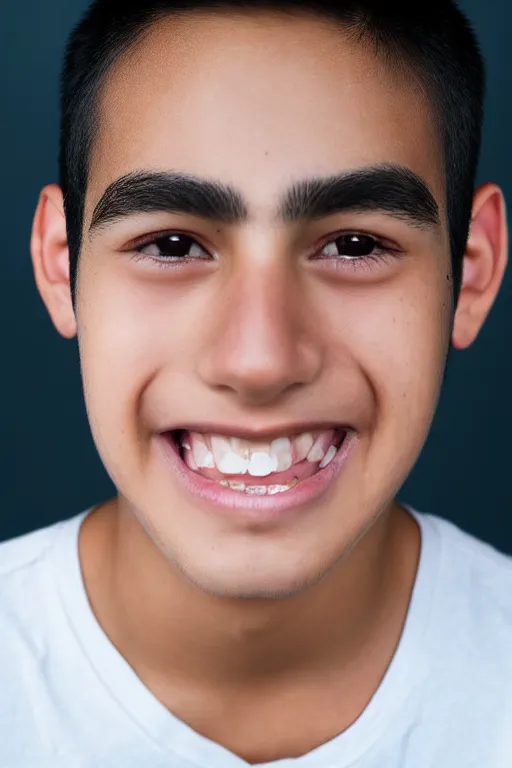 Prompt: close up headshot of an androgynous Hispanic teen boy with medium length slightly wavy black hair a wide smile brown eyes a small nose tidy plucked eyebrows dark brown eyes and a diamond shaped face, high resolution film still, 8k, HDR color