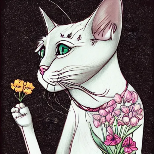 Prompt: cat smelling flowers, in the style of chiara bautista