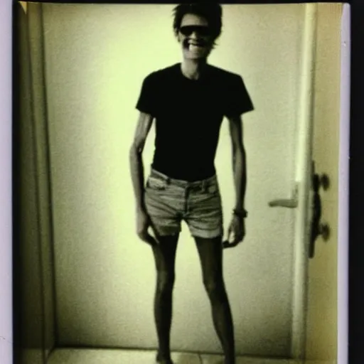 Prompt: A creepy polaroid photo of skinny Willem Dafoe in shorts chasing you down a hallway with huge grin on face