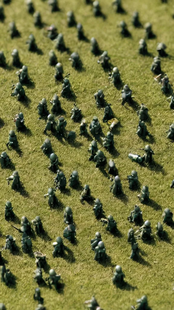 Prompt: 5 green plastic toy soldiers in a middle of a battle on a grassland. zoom in. DOF 100mm. F/1.8 45 over the head angle