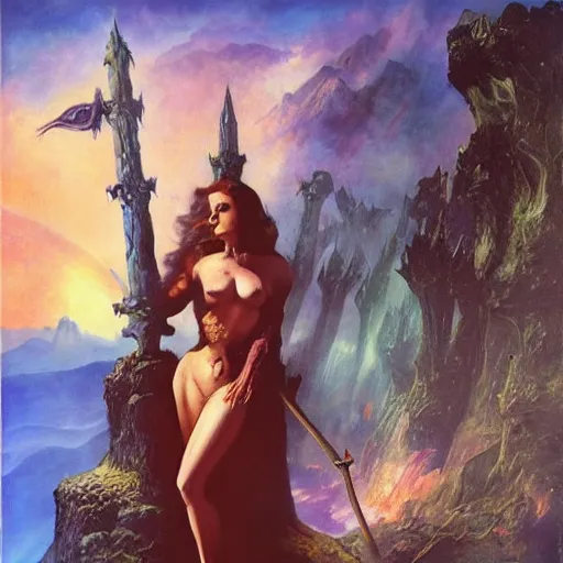 Image similar to princess of the dreamlands, cyclopean city, beautiful! coherent! by mariusz lewandowski, by frank frazetta, deep colors, strong lines, high contrast