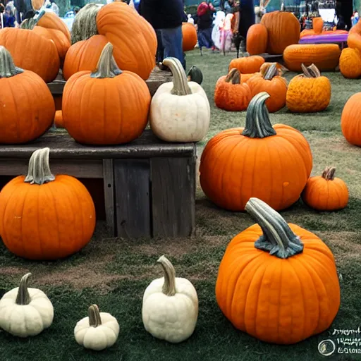 Image similar to award winning pumpkins, photography, ag fair, symmetrical, huge