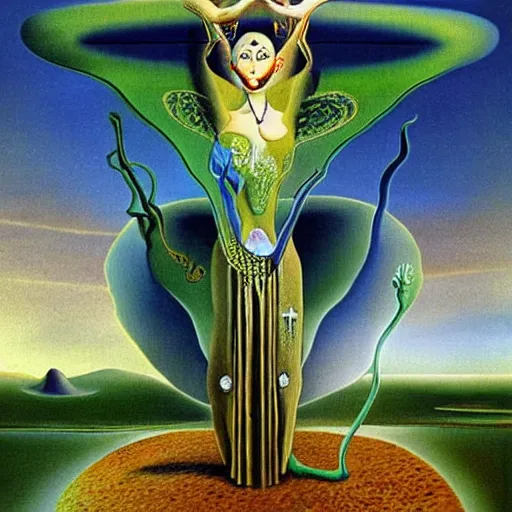 Image similar to ascending meditating elven princess, dmt shaman, surreal, by salvador dali