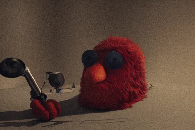 Prompt: A film photograph of Elmo trepanning himself, photorealistic imagery, 8k quality