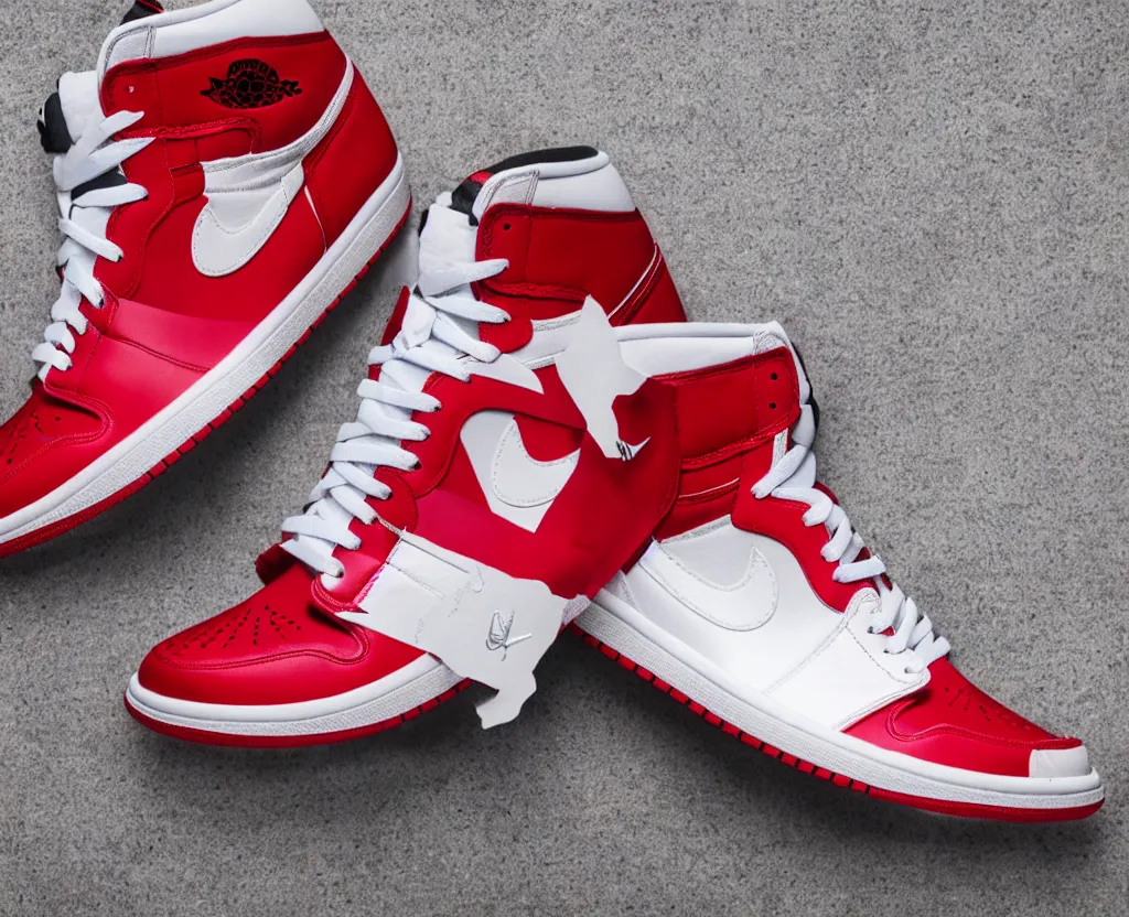 Image similar to a press photograph of nike air jordan 1 high red and white, size 1 0, white background