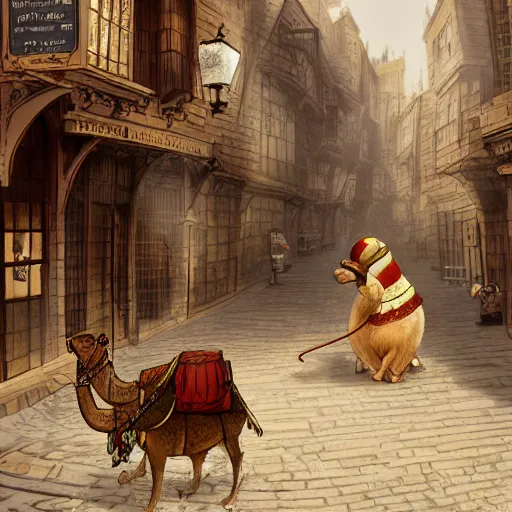 Prompt: A cute mouse riding a camel through a narrow street full of pubs in Victorian London, digital art, trending on Artstation