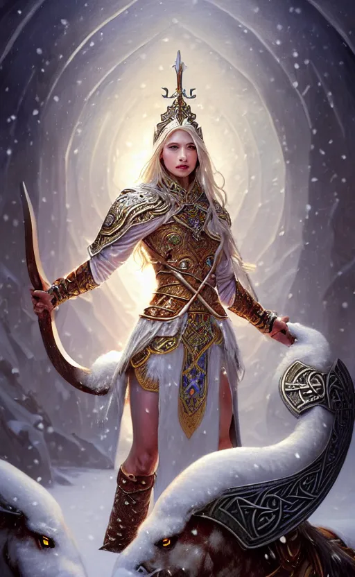 Image similar to opal viking warrior, regal, elegant, winter, snow, beautiful, stunning, hd, illustration, epic, d & d, fantasy, intricate, elegant, highly detailed, wide angle, digital painting, artstation, concept art, smooth, sharp focus, illustration, wallpaper, art by artgerm and greg rutkowski and alphonse mucha and jin xiaodi